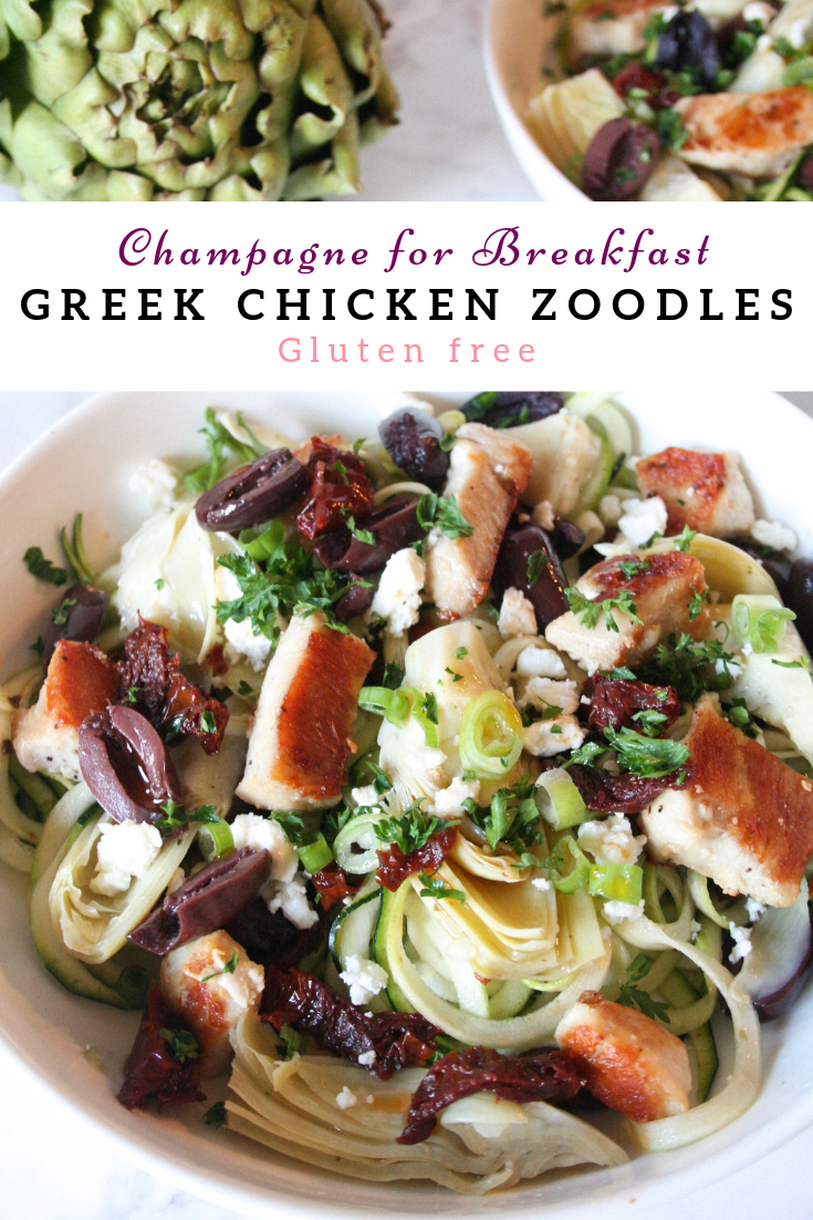 Greek Zoodles - GF, vegan option - Champagne for Breakfast